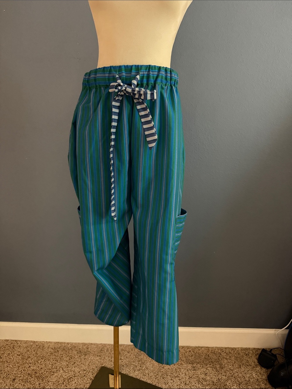 Striped Wide-Leg Lounge Pants in Teal & Blue
